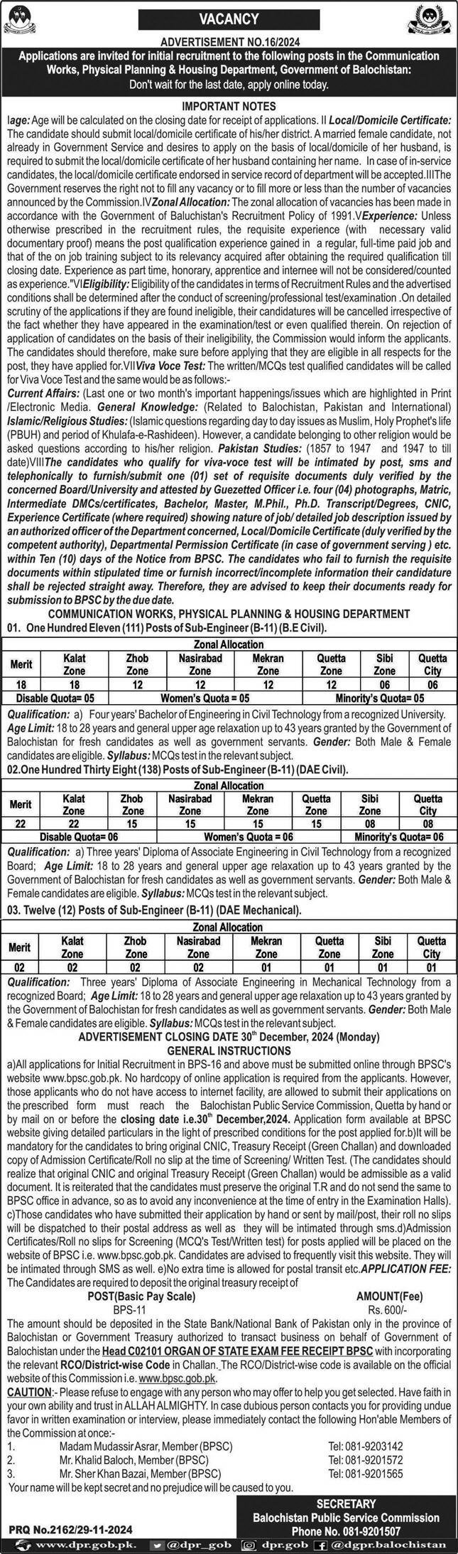 Latest Jobs in BPSC Balochistan Public Service Commission Engineering Posts Quetta 2024